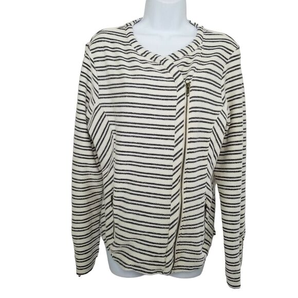 Lucky Brand Womens Top Large Black Ivory Stripe Zipper Heavyweight Shirt Jacket - Picture 1 of 7